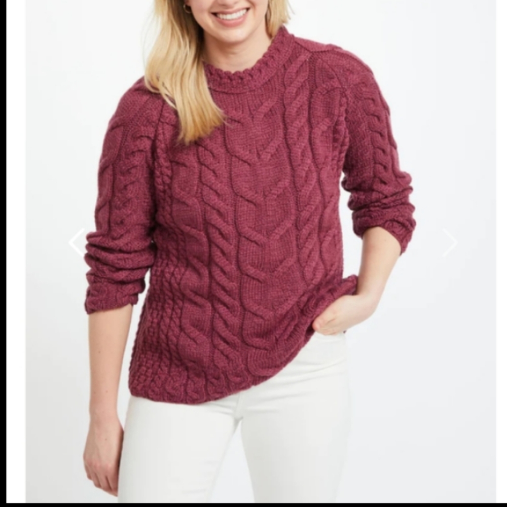Merino Aran Wollen Mills Listowel Ladies Cabled Sweater Raspberry Medium